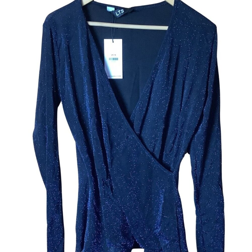 LTS Tall Blue Glitter Wrap  Look Top – New With Tags